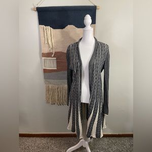 NIC + ZOE Black & Cream Long Linen Cotton Lightweight Open Cardigan M
